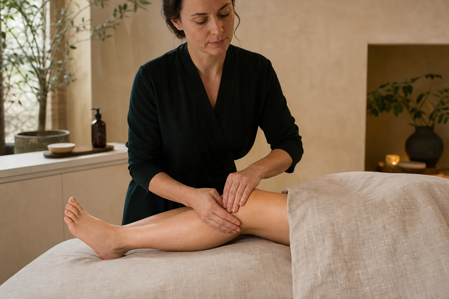 A practitioner using very light manual touch on a client's lower leg