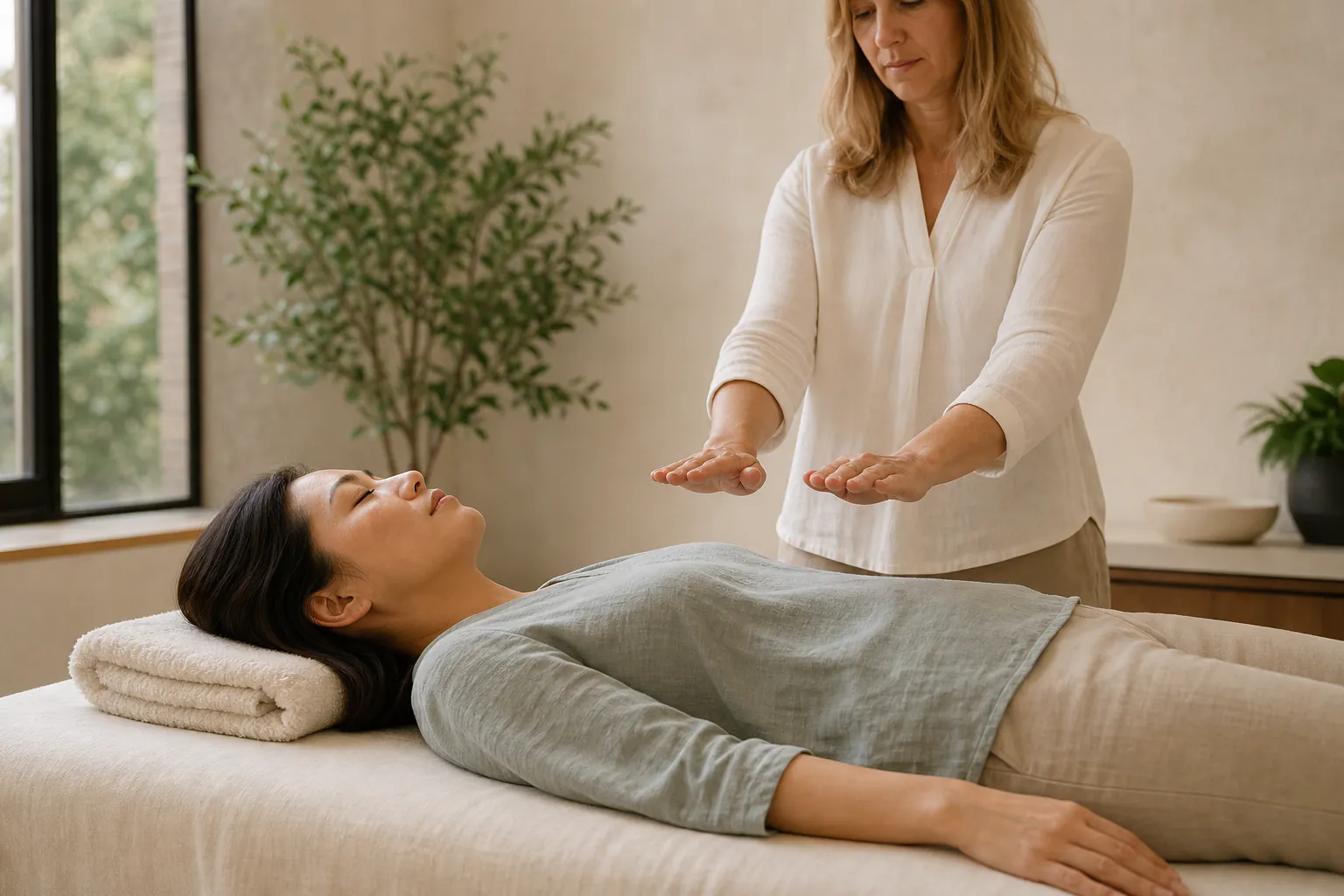 A fully clothed client resting while a Reiki practitioner holds their palms above the body